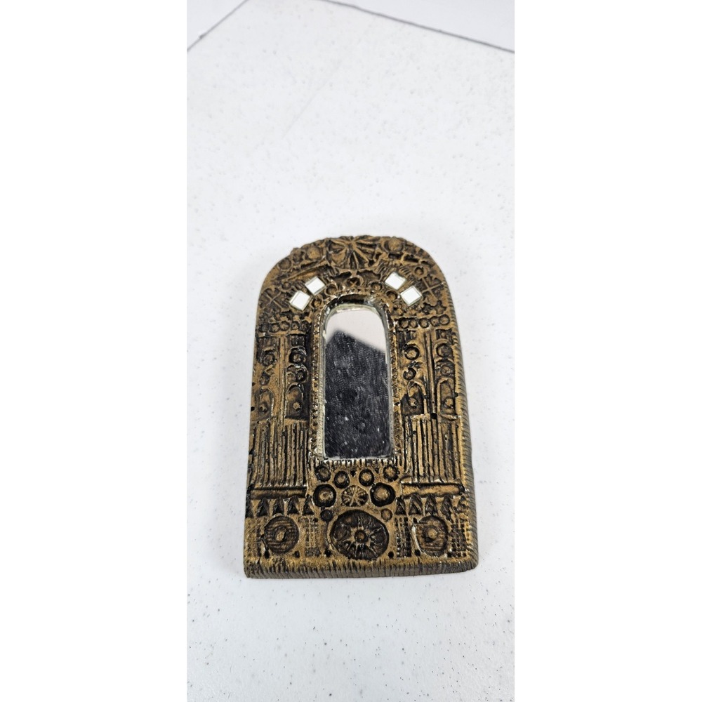 Vintage Brutalist Wall Mirror Gold Tone Cast Plaster MCM Architectural Decor